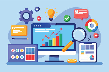 A colorful illustration representing a digital marketing strategy and analysis. It features a computer with a chart showing growth, a magnifying glass, gears, a lightbulb, and other icons.