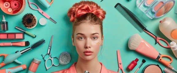 Close-up portrait of a beautiful woman with brown hair and blue eyes surrounded by various makeup products and accessories.