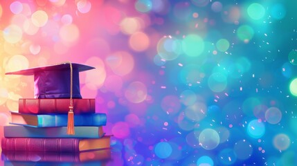 Horizontal banner. Flat illustration. Graduation cap and books on the multi-colored background. Bokeh effect. Celebrating of graduation, university, institute, school. Free space for text