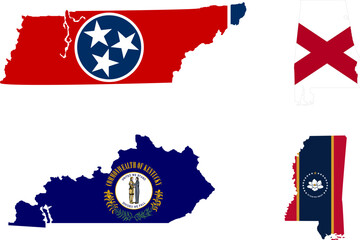 South region. East South Central: Alabama, Kentucky, Mississippi, Tennessee. States of America territory. Separate states. Vector illustration