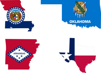 South region. West South Central: Arkansas, Louisiana, Oklahoma, Texas. States of America territory. Separate states. Vector illustration