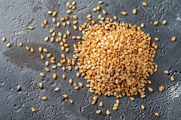 Wall Mural - Top view of grey background with macro shot of roasted sesame seeds