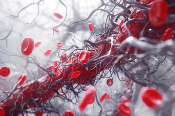 Wall Mural - A red and black image of a blood vessel with red blood cells