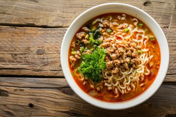 Wall Mural - Top view of instant noodle soup with minced pork in a white bowl on a wooden table