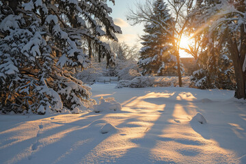 Wall Mural - A snowy field with trees in the background and a sun shining through the snow