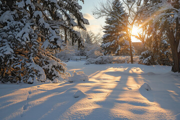 Canvas Print - A snowy field with trees in the background and a sun shining through the snow