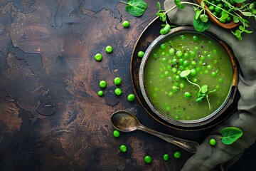 Wall Mural - Top view of rustic background with green peas soup and copy space