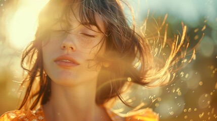 Canvas Print - A woman with her eyes closed and hair blowing in the wind, AI