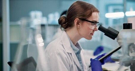 Canvas Print - Scientist, woman and microscope or tablet in laboratory for results on medical research or experiment. Digital tech, professional or student with analysis on science development, study review or info