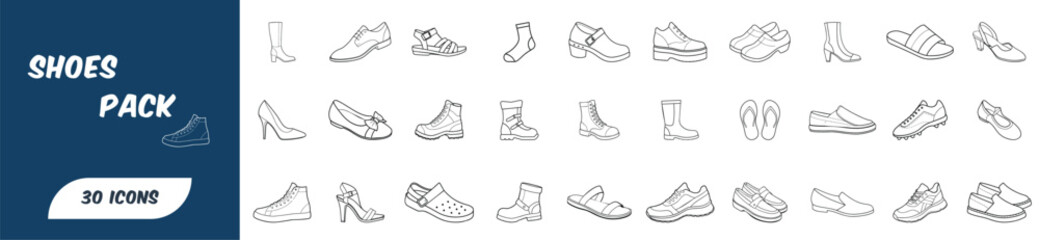 Vector Shoes Icon Pack - 30 Detailed Shoe Outline Icons Set for Fashion and Footwear Design Projects