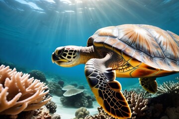 Wall Mural - Turtle on the background of a coral reef.