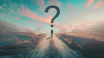 large question mark looming over person standing at crossroads pondering which path to take, concept of Indecision and Uncertainty, created with Generative AI technology