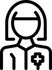 Wall Mural - Simple line art icon of a female healthcare professional wearing a lab coat with a medical cross