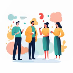 flat vector style illustration, a diverse group of people talking and collaborating, on white background 