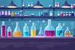 © Design Depot - Detailed illustration of chemistry lab with glassware containing various colorful solutions