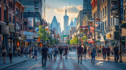 A busy city street with people walking, tall buildings, and vibrant urban energy