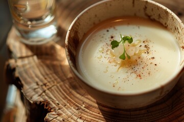 Velvety white asparagus soup presented elegantly against warm wood invokes culinary delight