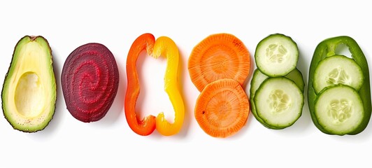 Isolated vegetable slices. Fresh vegetables cut into halves avocado, carrots, beets, cucumber, bell in a row isolated on a white background with a cutting path. 
