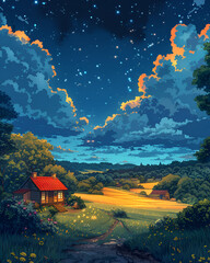 Poster - a high resolution cartoon style illustration of Rural safehouses, country roads, and clandestine meetings under cover of night , blue sky, white clouds, afternoon