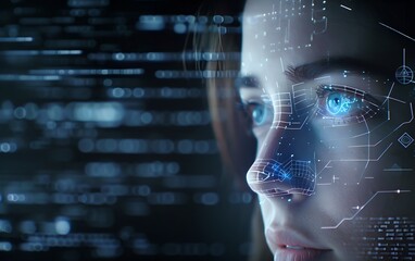 Wall Mural - woman with digital biometric scanning program. face detection and facial recognition. face id and ar