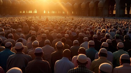 Muslim Worshippers Praying at Sunset in a Large Mosque