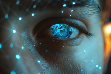 Wall Mural - close-up of man eye with digital futuristic interface overlay. artificial intelligence concept. futu