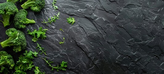 Wall Mural - Macro photo of green fresh vegetable broccoli. Fresh green broccoli on a black stone table