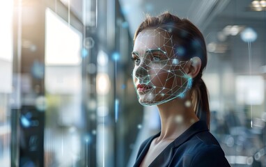 Wall Mural - woman with digital biometric scan grid in the office. face detection and facial recognition. face id