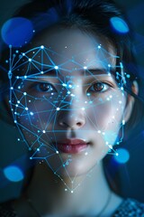 Wall Mural - asian woman with digital biometric scan mapping. face detection and facial recognition. face id and 