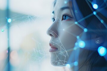 Wall Mural - asian woman with digital biometric scan grid. face detection and facial recognition. face id and art