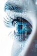 © dreamdes - Close-up of eye with digital futuristic interface overlay. Artificial intelligence concept. Futuristic technology and innovation. Face recognition system. High tech implant in human eye. Poster design