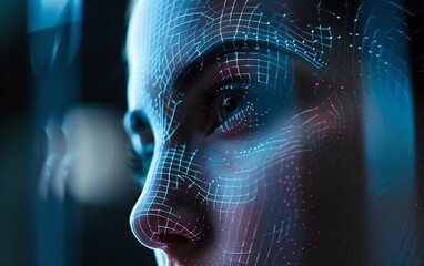 Wall Mural - close-up woman portrait with digital biometric scan. face detection and facial recognition. face id 