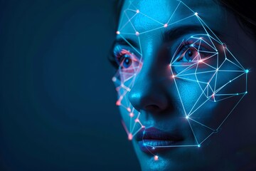 Wall Mural - woman with digital biometric scanning program on dark blue background. face detection and facial rec