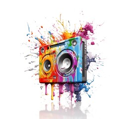 Wall Mural - Abstract illustration of a walkman in an explosion of colorful paint on a white background