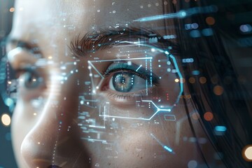 Wall Mural - close-up of woman's eye with biometric digital network. face detection and facial recognition. face 