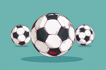 Stylish illustration featuring three classic soccer balls on a minimalist teal backdrop