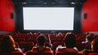 © May Chanikran - People watching a movie in a theater with red seats and curtains, facing a blank, brightly illuminated screen. Cinematic experience.