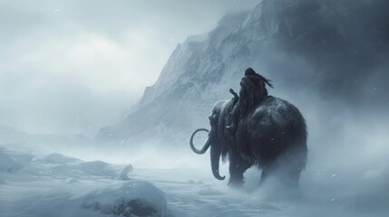 Wall Mural - a warrior riding a mammoth in wild prehistoric times. fantasy and surreal.