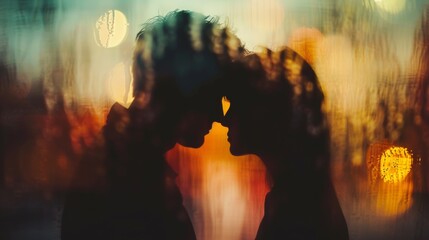 Wall Mural - A couple kissing in front of a blurred background with lights, AI