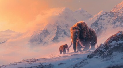 Wall Mural - mammoth walking in snow field with its cub in freezing winter at sunrise.