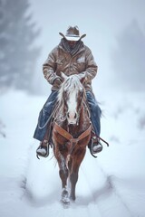 Wall Mural - cowboy on horseback in wild rugged field in winter with snow.
