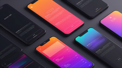 Modern user interface design template. Conceptual mobile phone screen mock-up for application interface. Aesthetic, dark purple, orange, blue, black