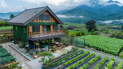 A green garden house on a hilltop, surrounded by farm fields. It has a garage, a bench balcony, and a yard with pebbles, a vegetable garden, and views of rice fields and misty mountains.