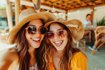 Two smiling women wearing sunglasses and straw hats, taking a selfie at an outdoor cafe. Summer vacation and travel concept for design and print. Fun and friendship theme for banner and poster