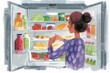 © Design Depot - A detailed illustration showing a woman searching through a well-organized, stocked fridge with a variety of food items