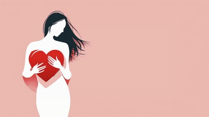 Artistic vector illustration of woman holds red heart simple clipart background template