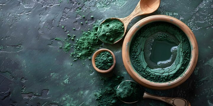 Organic Superfood Powder with Chlorella and Spirulina for Detox and Nutrition. Concept Superfood Benefits, Chlorella Features, Spirulina Nutrition, Detox Benefits, Organic Ingredients