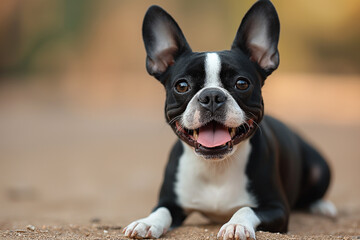 Wall Mural - Cute Boston terrier puppy with black and white fur smiling happily in an outdoor park