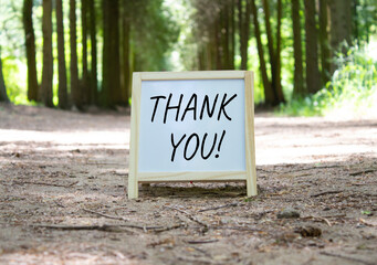 Wall Mural - Thank you symbol. Concept word Thank you on white chalk background. Beautiful forest background. Business and Thank you concept. Copy space.