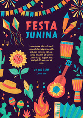 Wall Mural - Festa Junina celebration Banner, Poster. Brazil June Festival Design. Folklore Holiday. Guitar, Accordion, Cactus, Sunflower, Campfire on dark background. Festa de Sao Joao Vector illustration